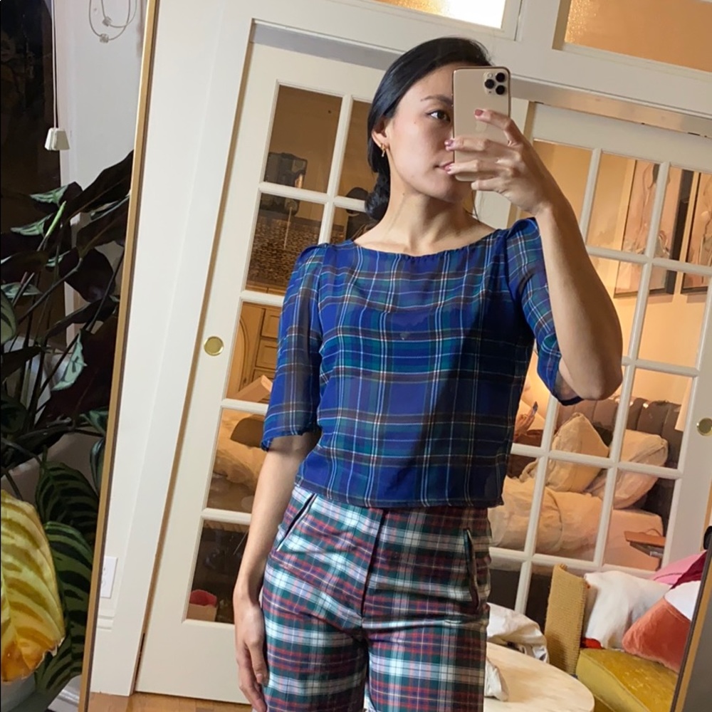 American Apparel Cropped Plaid Chiffon Top - Picture 4 of 8
